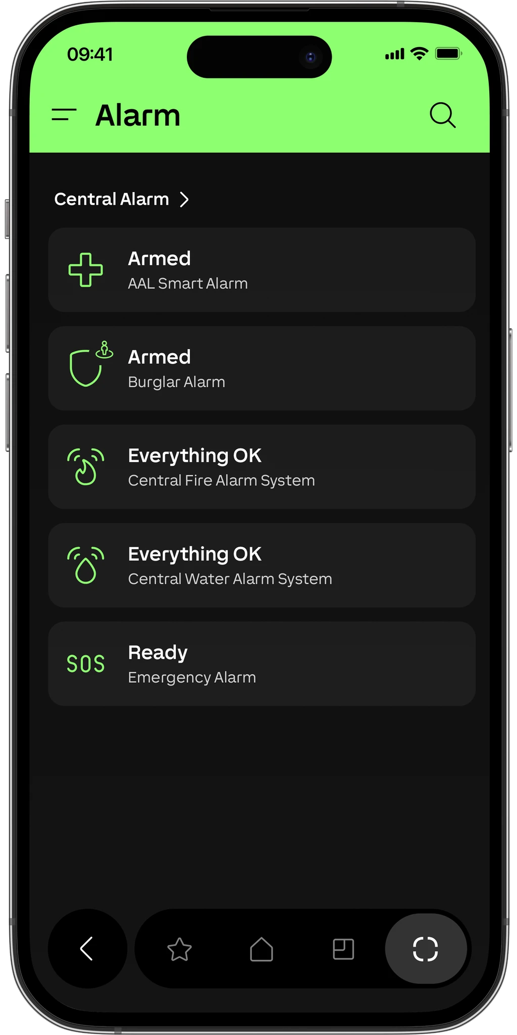 Loxone app showing alarm and property security status