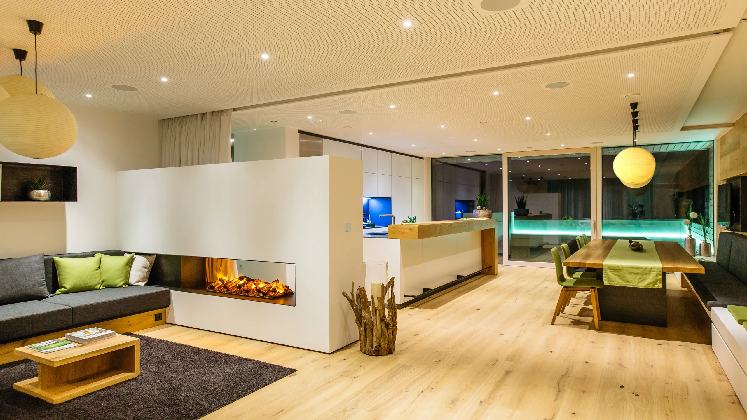Modern open-plan home interior with integrated lighting and contemporary finishes